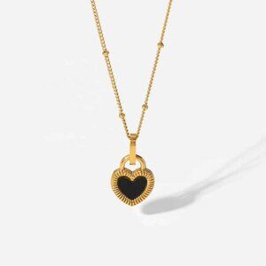 18K Gold Plated Double-Sided Black White Signet Lock Heart Necklace